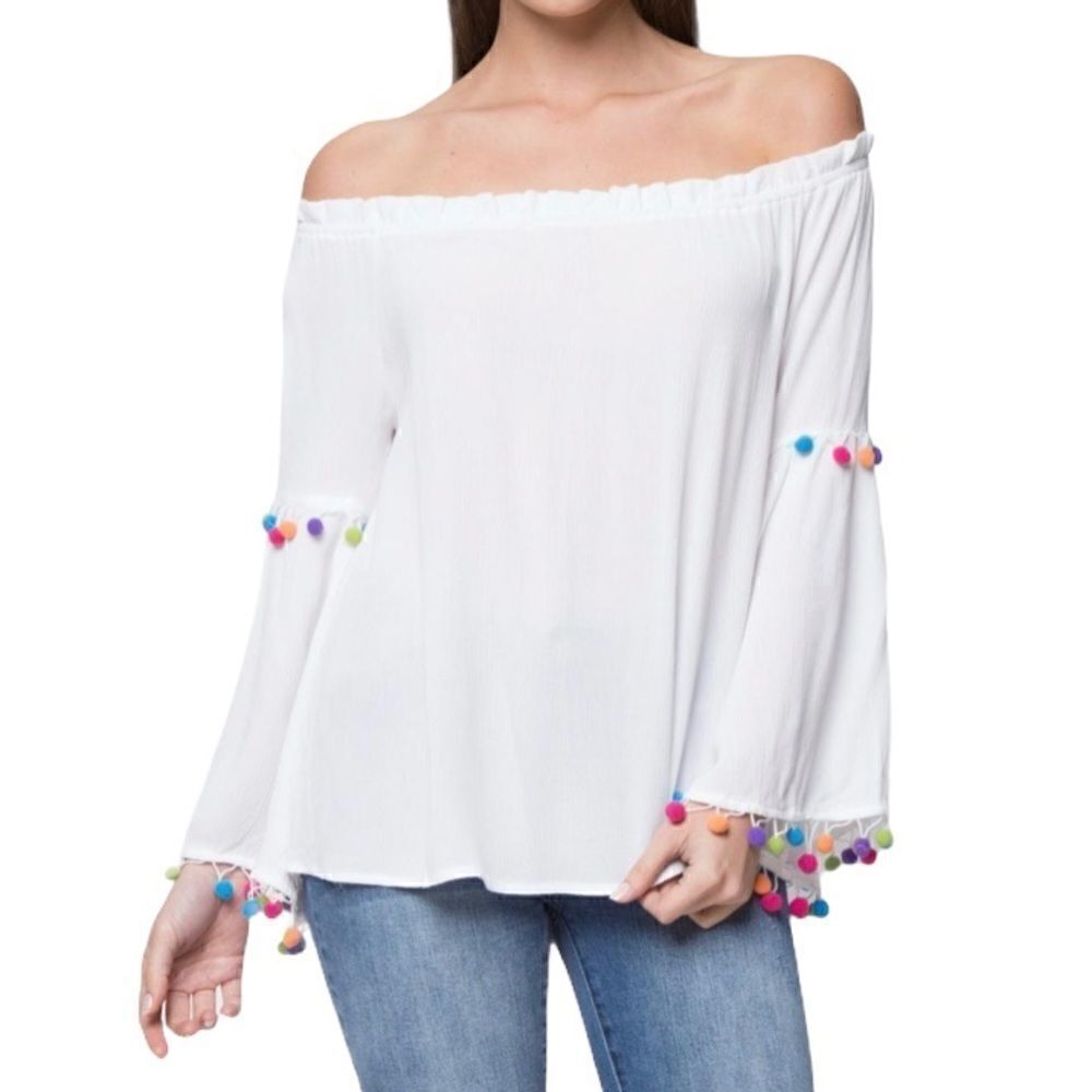 Nylon Apparel Off Shoulder Tops w/ Pompoms in S
